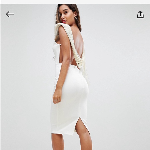 asos deep plunge pearl back midi dress